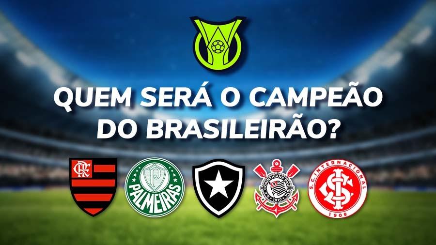 Imagem dos clubes com a questão quem será o campeão do Brasileirão, com os times como Flamengo, Palmeiras, Botafogo, Corinthians e Internacional. Imagem dos clubes com a questão quem será o campeão do Brasileirão, com os times como Flamengo, Palmeiras, Botafogo, Corinthians e Internacional.
