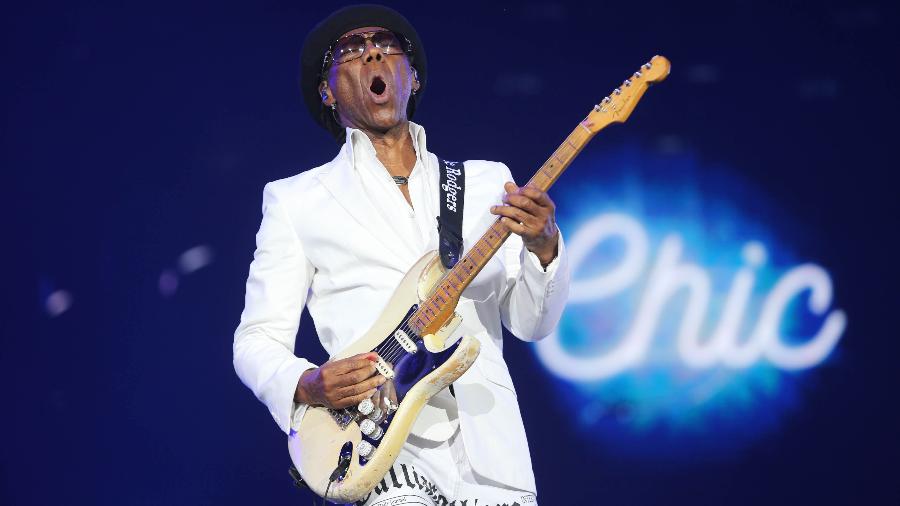 Guitarrista Nile Rodgers em show da banda Chic no Rock in Rio em 2019 Guitarrista Nile Rodgers em show da banda Chic no Rock in Rio em 2019