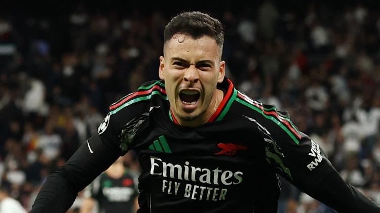Gabriel Martinelli comemora gol marcado pelo Arsenal contra o Real Madrid na Champions Gabriel Martinelli comemora gol marcado pelo Arsenal contra o Real Madrid na Champions