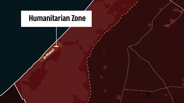 Mapa de Israel indica Al-Mawasi, local onde ficará a zona Humanitária no sul da Faixa de Gaza Mapa de Israel indica Al-Mawasi, local onde ficará a zona Humanitária no sul da Faixa de Gaza